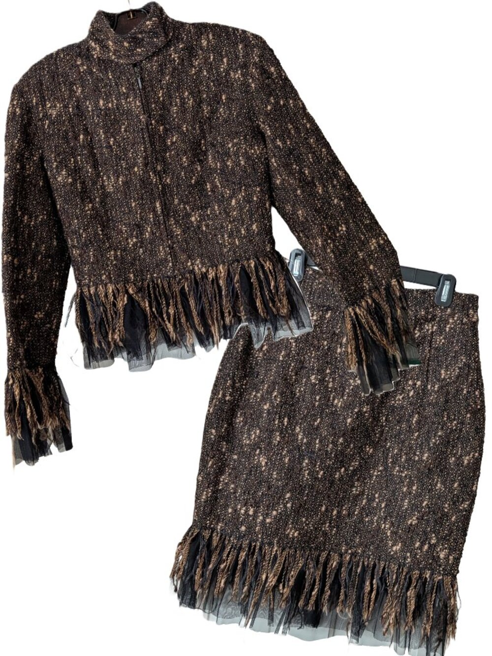Lorain Croft Tweed 2-Piece Suit Set Jacket Skirt Tulle Fringe Whimsigoth L